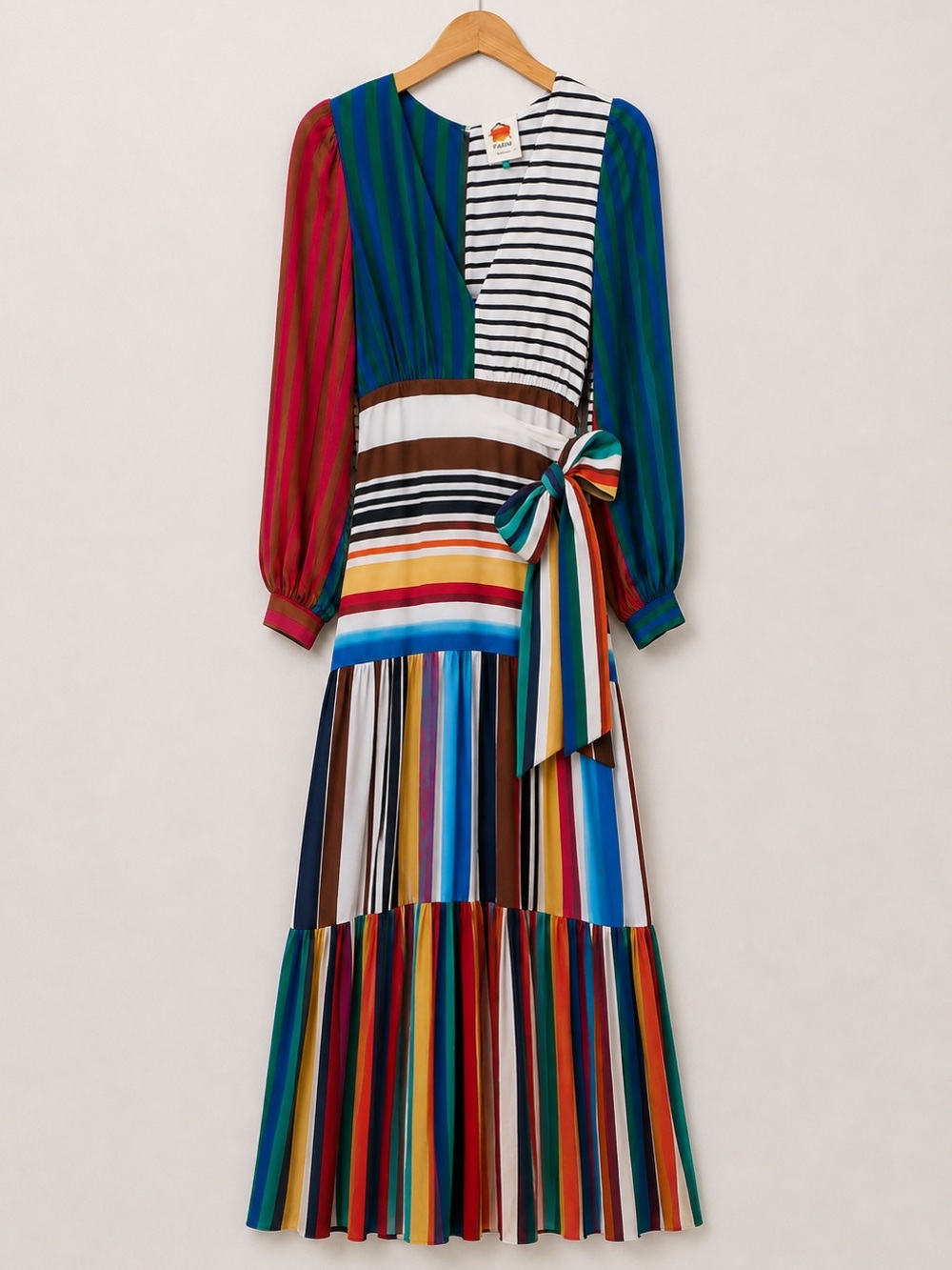 Farm Rio Thalita Stripe Multicolor Flowy Belted V-Neck Tiered Maxi Dress NWT - Picture 6 of 8